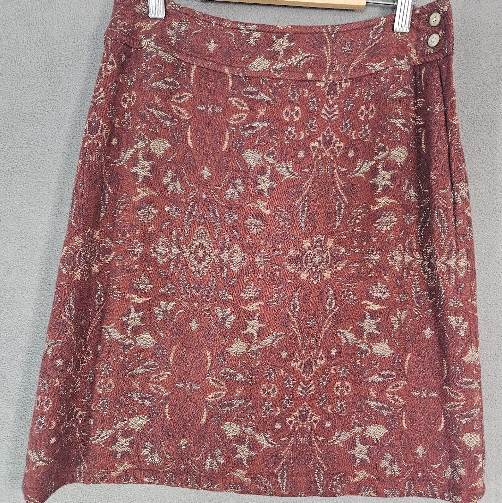 J Jill Petite 6P Midi Skirt Red Floral Tapestry Straight Side Buttons Boho